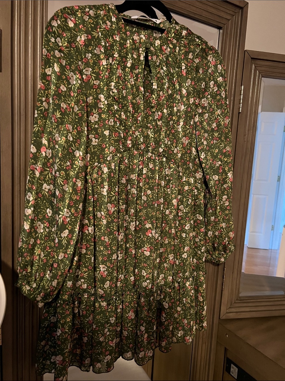 Zara Olive Green Floral Tiered Mini Dress with Pink and Cream Blossoms